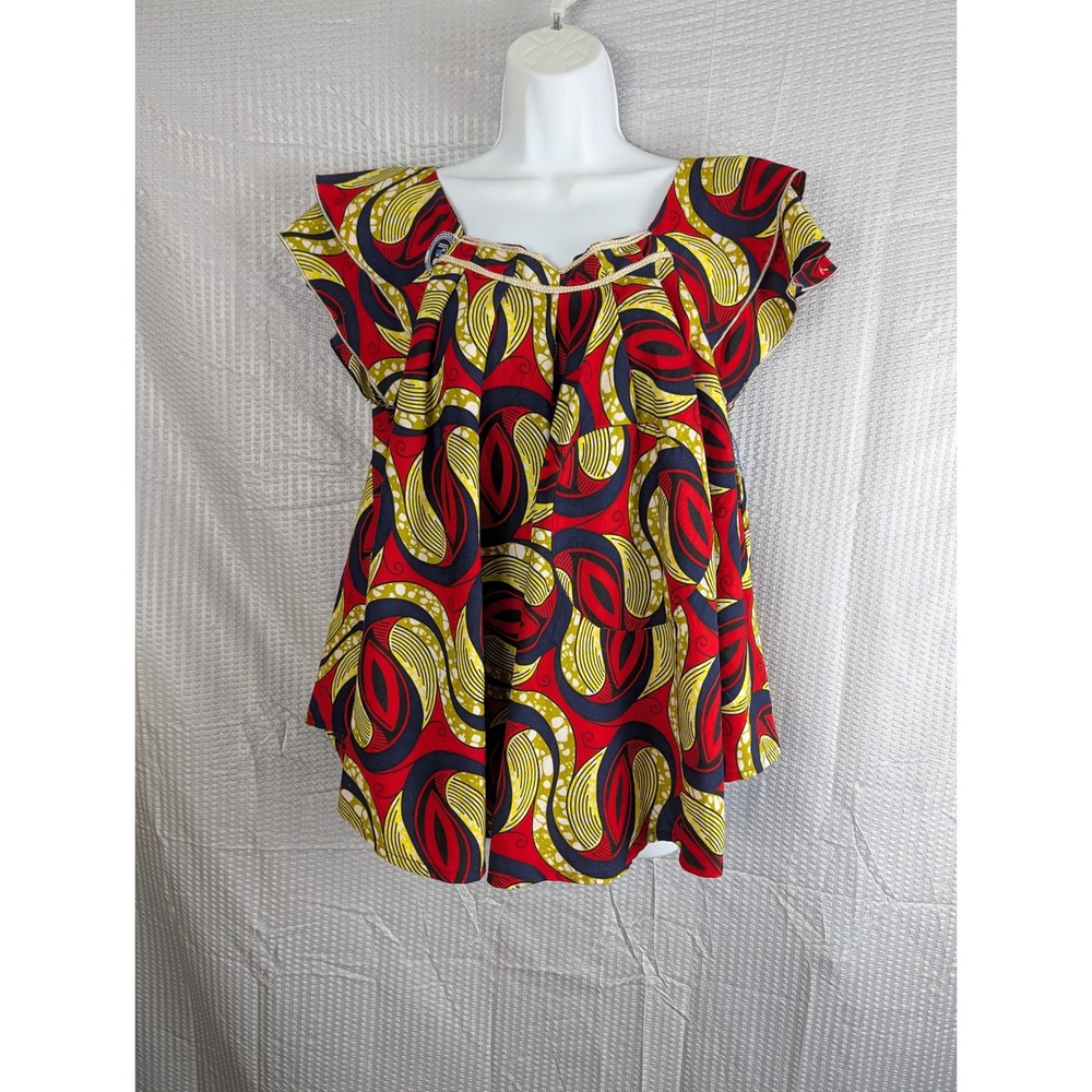 African Wax Print Top Womens Super Nouveau Wax Ruffle‎ Sleeve Swing Babydoll Red